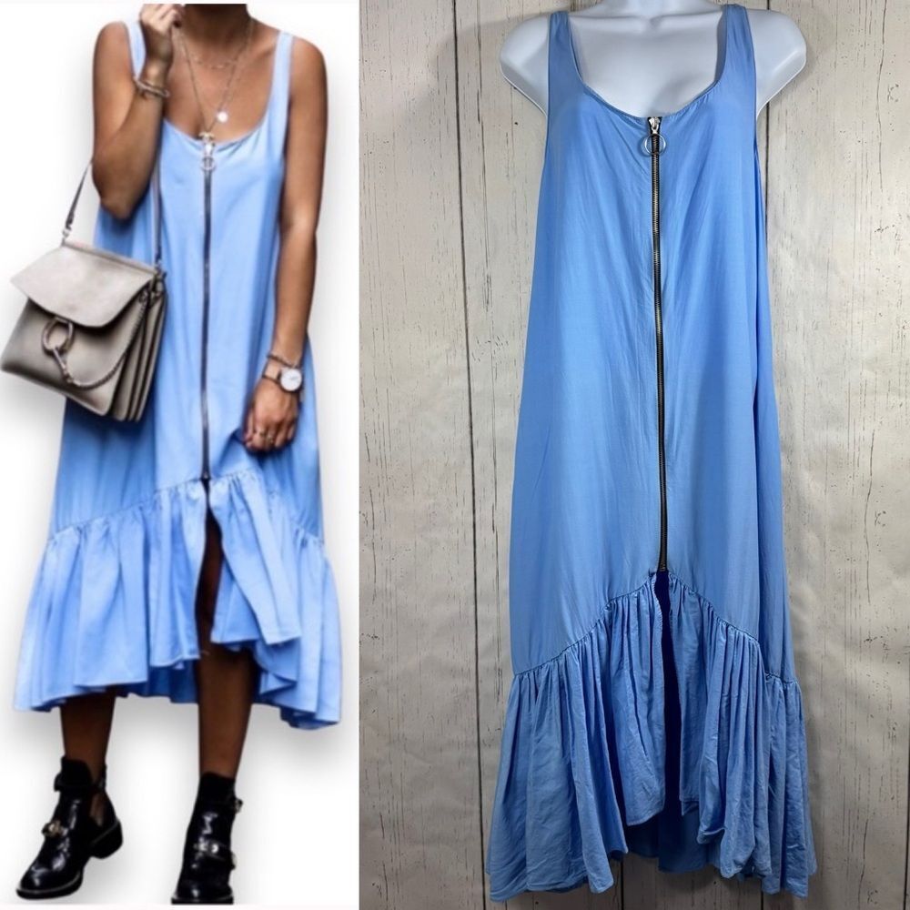 Zara Trafaluc Blue Ruffle Hem Maxi Dress Boho Lagenlook Coastal Flowy Size S